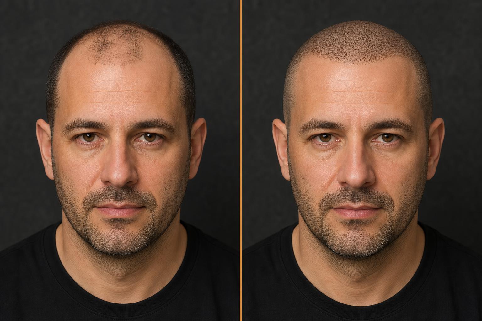 Side-by-side example: thinning hair on the left, clean shave with realistic scalp micropigmentation on the right.