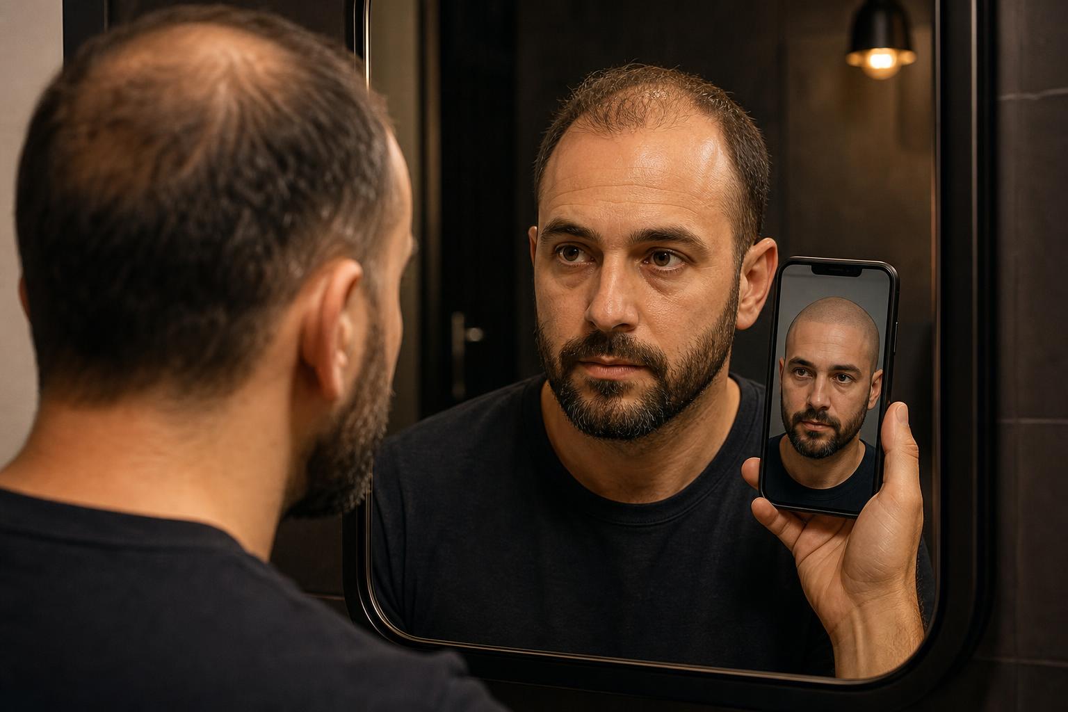 Man looking in a mirror, holding his phone showing how he'd look with scalp micropigmentation.