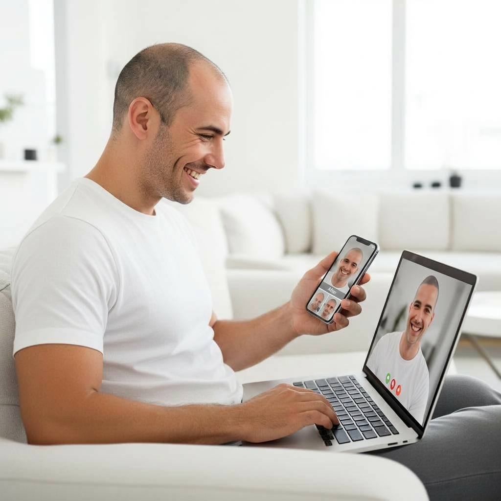 Man looking in a mirror, seeing himself with scalp micropigmentation.